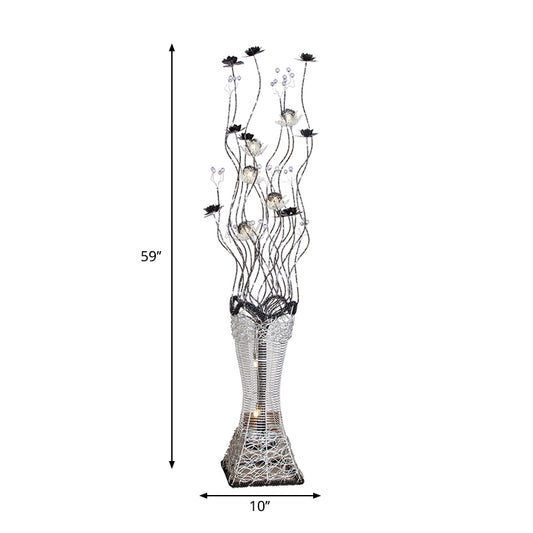 Art Decor Torch-Like Floor Light LED Aluminum Stand Up Lamp Curvy Arm with Floret Decor in Black and Silver Clearhalo 'Floor Lamps' 'Lamps' Lighting' 1272324