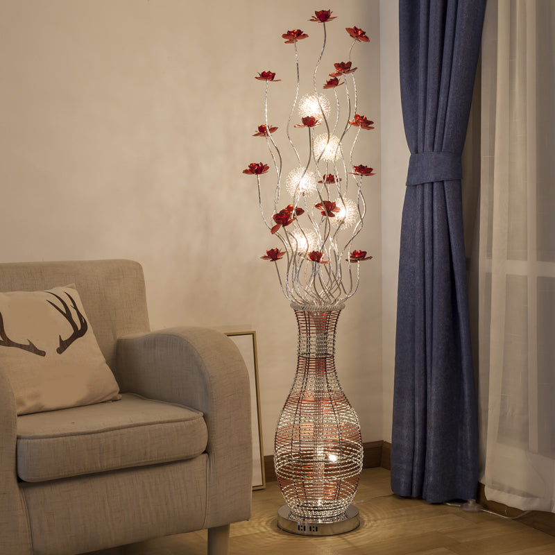 LED Tree Stand Up Lamp Decorative Red Aluminum Reading Floor Light with Vase Pedestal Clearhalo 'Floor Lamps' 'Lamps' Lighting' 1272326