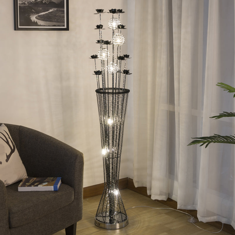 Black-Silver LED Standing Lamp Decorative Aluminum Tapered Reading Floor Lighting with Bloom and Ball Decor Clearhalo 'Floor Lamps' 'Lamps' Lighting' 1272330