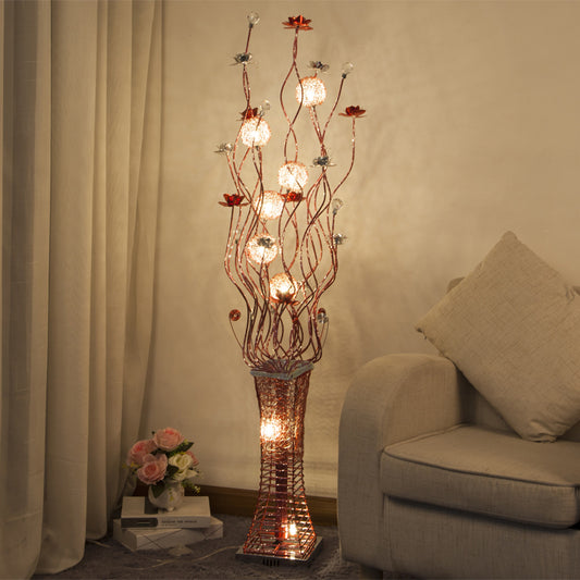 Metallic Red Floret Floor Lighting Trapezoid LED Art Decor Stand Up Lamp with Tree Branch Design Red Clearhalo 'Floor Lamps' 'Lamps' Lighting' 1272333