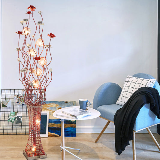 Metallic Red Floret Floor Lighting Trapezoid LED Art Decor Stand Up Lamp with Tree Branch Design Clearhalo 'Floor Lamps' 'Lamps' Lighting' 1272334