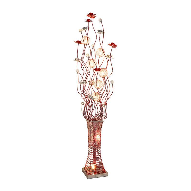 Metallic Red Floret Floor Lighting Trapezoid LED Art Decor Stand Up Lamp with Tree Branch Design Clearhalo 'Floor Lamps' 'Lamps' Lighting' 1272335