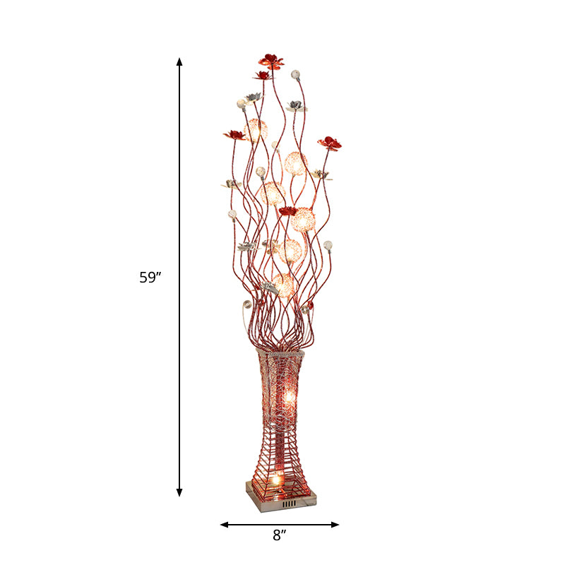 Metallic Red Floret Floor Lighting Trapezoid LED Art Decor Stand Up Lamp with Tree Branch Design Clearhalo 'Floor Lamps' 'Lamps' Lighting' 1272336