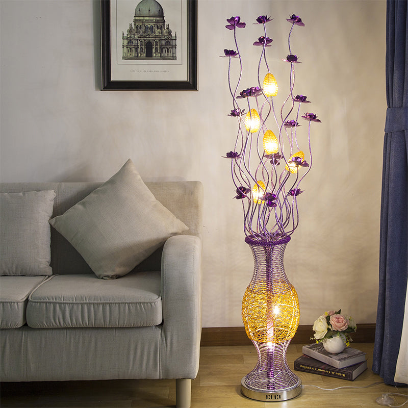 Decorative Vine Shape Standing Lamp LED Aluminum Bloom Floor Reading Light with Vase Pedestal in Purple Purple Clearhalo 'Floor Lamps' 'Lamps' Lighting' 1272337