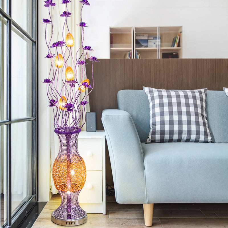 Decorative Vine Shape Standing Lamp LED Aluminum Bloom Floor Reading Light with Vase Pedestal in Purple Clearhalo 'Floor Lamps' 'Lamps' Lighting' 1272338
