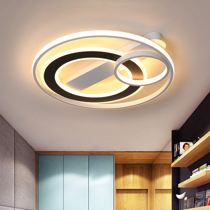 Halo Ring Metallic Ceiling Lamp Fixture Modern Black-White LED Flush Lighting in Warm/White Light, 15"/18"/21.5" W
