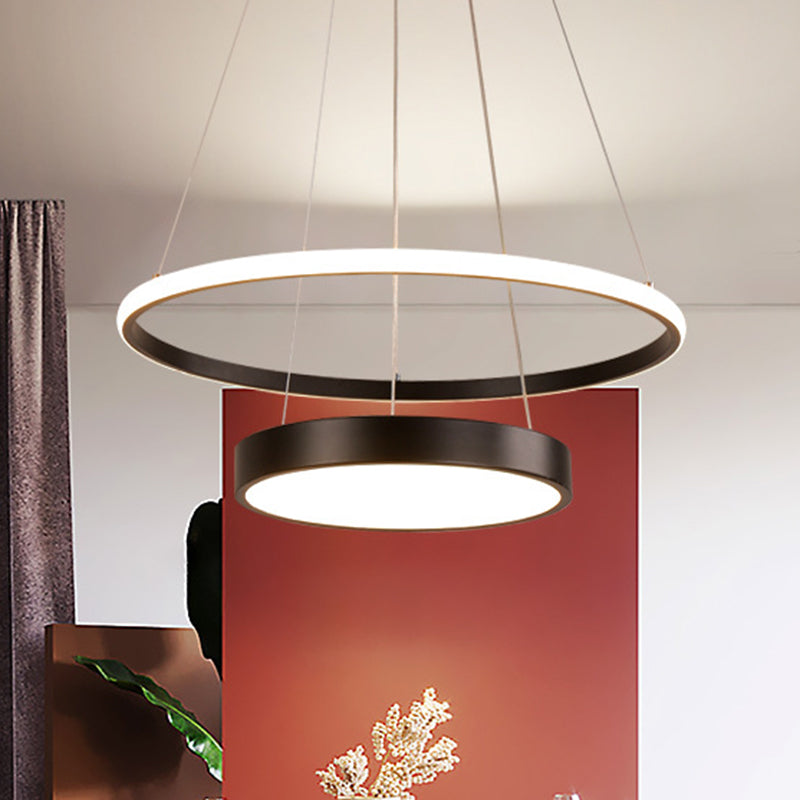 Iron 2-Tier Circular Ceiling Lamp Tiffany Black/Gold LED Hanging Chandelier for Dining Room, Warm/White Light Black Clearhalo 'Ceiling Lights' 'Chandeliers' 'Modern Chandeliers' 'Modern' Lighting' 1272625