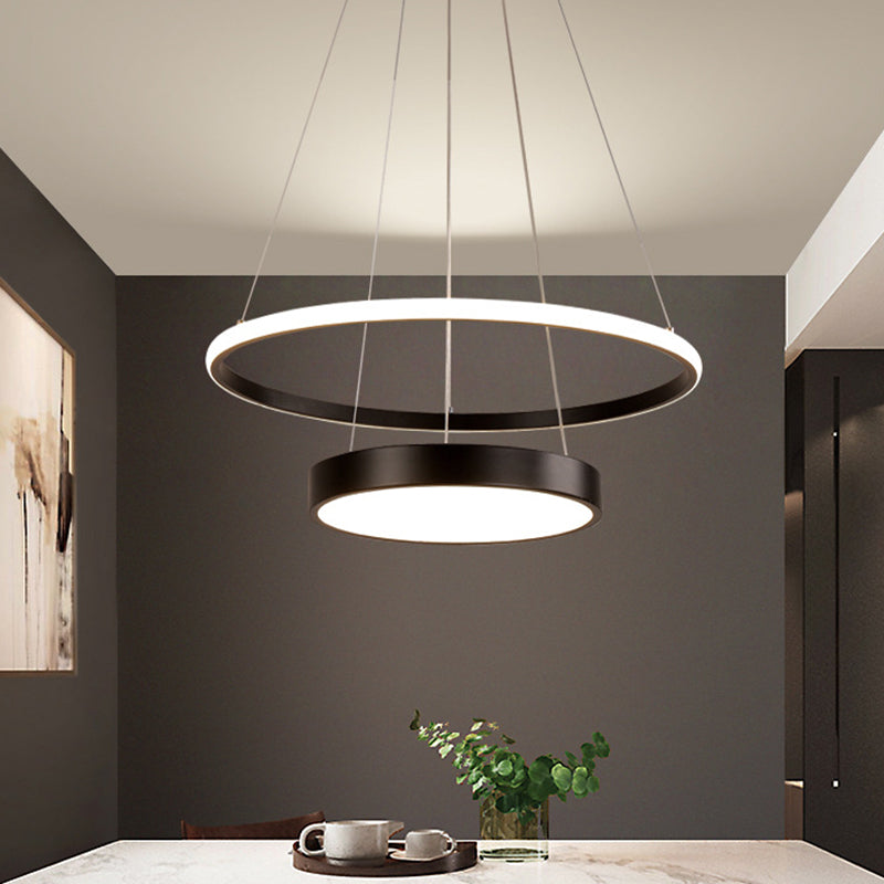 Iron 2-Tier Circular Ceiling Lamp Tiffany Black/Gold LED Hanging Chandelier for Dining Room, Warm/White Light Clearhalo 'Ceiling Lights' 'Chandeliers' 'Modern Chandeliers' 'Modern' Lighting' 1272626