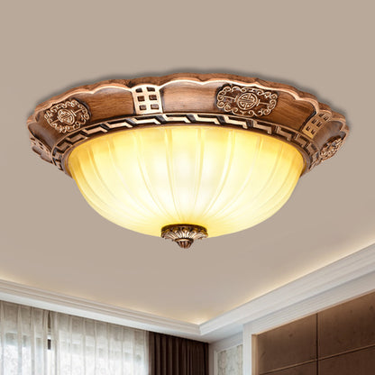 Milky Glass LED Ceiling Flush Mount Antiqued Brown Scalloped-Edge Bowl Hallway Flush Light, 14"/16"/19.5" W Brown Clearhalo 'Ceiling Lights' 'Close To Ceiling Lights' 'Close to ceiling' 'Flush mount' Lighting' 1272762