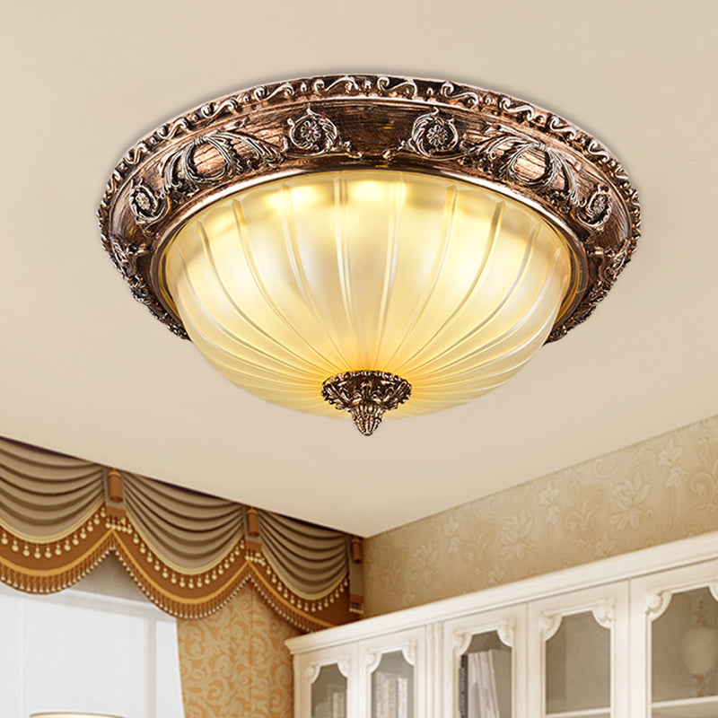 Traditional Bowl Ceiling Light Fixture Ribbed Frosted Glass 14"/16"/19.5" W LED Flush Mount in Brown Clearhalo 'Ceiling Lights' 'Close To Ceiling Lights' 'Close to ceiling' 'Flush mount' Lighting' 1272769