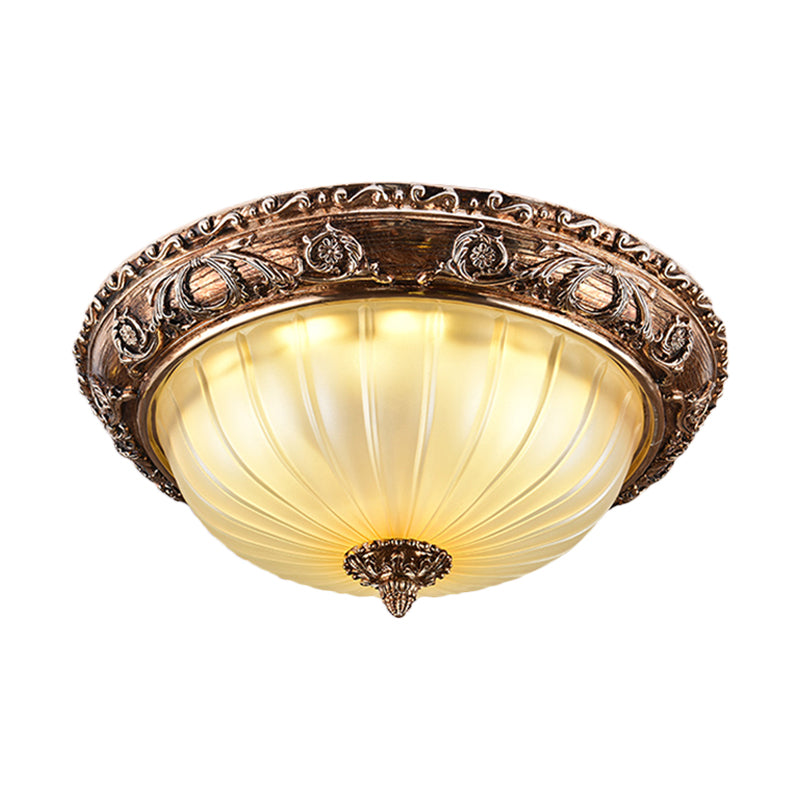 Traditional Bowl Ceiling Light Fixture Ribbed Frosted Glass 14"/16"/19.5" W LED Flush Mount in Brown Clearhalo 'Ceiling Lights' 'Close To Ceiling Lights' 'Close to ceiling' 'Flush mount' Lighting' 1272770