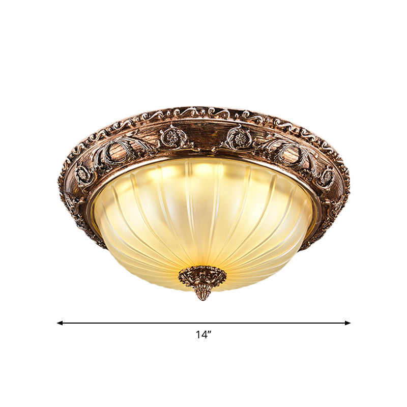 Traditional Bowl Ceiling Light Fixture Ribbed Frosted Glass 14"/16"/19.5" W LED Flush Mount in Brown Clearhalo 'Ceiling Lights' 'Close To Ceiling Lights' 'Close to ceiling' 'Flush mount' Lighting' 1272771
