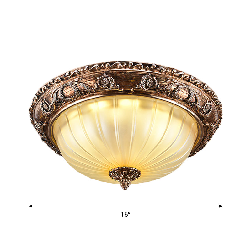 Traditional Bowl Ceiling Light Fixture Ribbed Frosted Glass 14"/16"/19.5" W LED Flush Mount in Brown Clearhalo 'Ceiling Lights' 'Close To Ceiling Lights' 'Close to ceiling' 'Flush mount' Lighting' 1272772