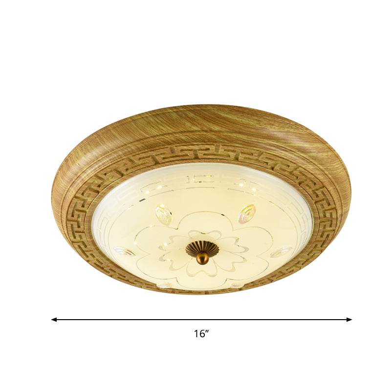 Wooden LED Flushmount Lighting Simple Yellow-Brown Circle Bedroom Ceiling Light with Dome Glass Shade, 14"/19.5" W