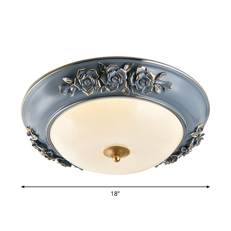 Ceramic Carved Rose Flush Light Rural 12"/14"/18" W LED Bedroom Ceiling Mounted Lamp in Blue with White Glass Shade