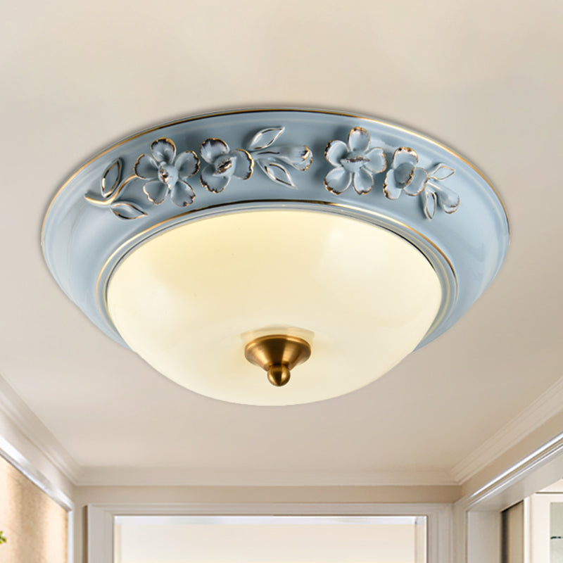 12"/14"/18" W Blue LED Flushmount Countryside Ceramic Flower Ceiling Light Fixture with Bowl Lampshade Blue Clearhalo 'Ceiling Lights' 'Close To Ceiling Lights' 'Close to ceiling' 'Flush mount' Lighting' 1272810