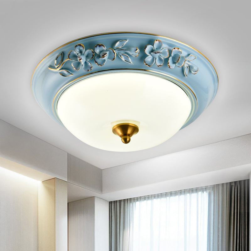 12"/14"/18" W Blue LED Flushmount Countryside Ceramic Flower Ceiling Light Fixture with Bowl Lampshade Clearhalo 'Ceiling Lights' 'Close To Ceiling Lights' 'Close to ceiling' 'Flush mount' Lighting' 1272811