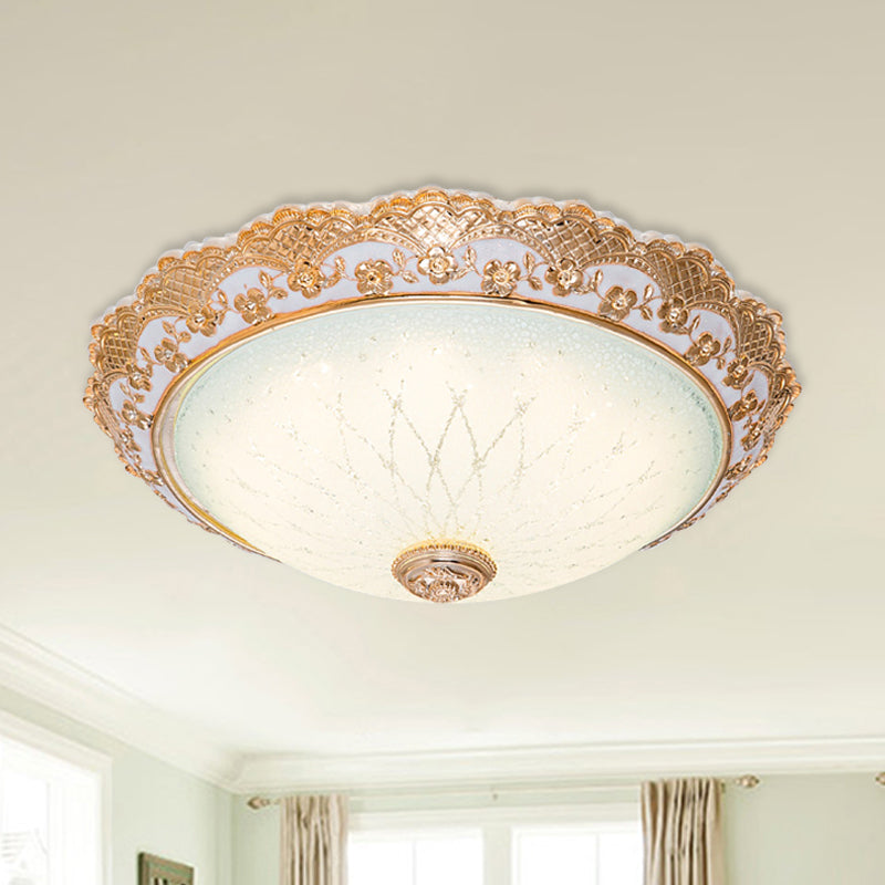 Half-Globe LED Flush Mount Fixture Traditional Gold Opaline Glass Ceiling Light with Scalloped Trim, 14"/16"/19.5" W