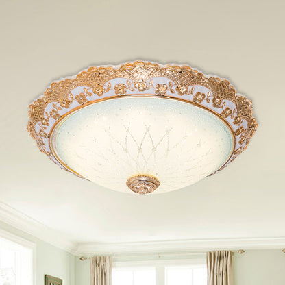 Half-Globe LED Flush Mount Fixture Traditional Gold Opaline Glass Ceiling Light with Scalloped Trim, 14"/16"/19.5" W Gold Clearhalo 'Ceiling Lights' 'Close To Ceiling Lights' 'Close to ceiling' 'Flush mount' Lighting' 1272846