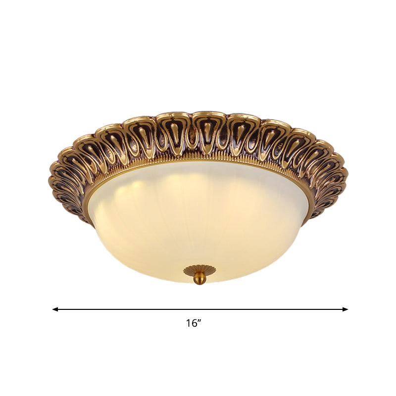 Hemispherical Milk Glass Ceiling Lighting Vintage 16"/19.5" Wide 3-Light Bedroom Flush Mounted Light in Brass
