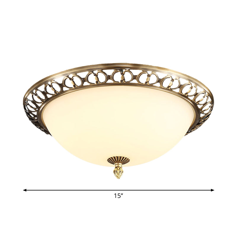 Brass Finish 2-Head Ceiling Mount Light Antique Style Frosted Glass Dome Flush Mount, 13"/15"/19.5" Wide