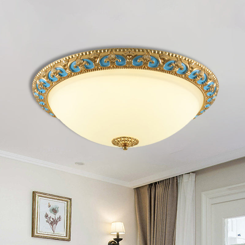 12.5"/15"/19" W LED Flush Mounted Light Traditional Domed Shade Cream Glass Flush Lamp Fixture in Gold Gold Clearhalo 'Ceiling Lights' 'Close To Ceiling Lights' 'Close to ceiling' 'Flush mount' Lighting' 1273035