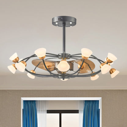 3-Blade Metal Oval Cage Pendant Fan Light Modernist LED Black Semi Flush Lamp Fixture, 35.5" W Black Clearhalo 'Ceiling Fans with Lights' 'Ceiling Fans' 'Modern Ceiling Fans' 'Modern' Lighting' 1273088