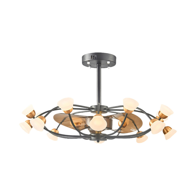 3-Blade Metal Oval Cage Pendant Fan Light Modernist LED Black Semi Flush Lamp Fixture, 35.5" W Clearhalo 'Ceiling Fans with Lights' 'Ceiling Fans' 'Modern Ceiling Fans' 'Modern' Lighting' 1273090