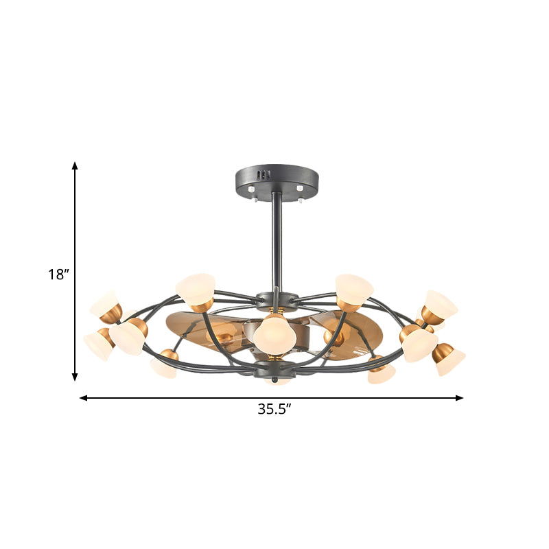 3-Blade Metal Oval Cage Pendant Fan Light Modernist LED Black Semi Flush Lamp Fixture, 35.5" W Clearhalo 'Ceiling Fans with Lights' 'Ceiling Fans' 'Modern Ceiling Fans' 'Modern' Lighting' 1273091