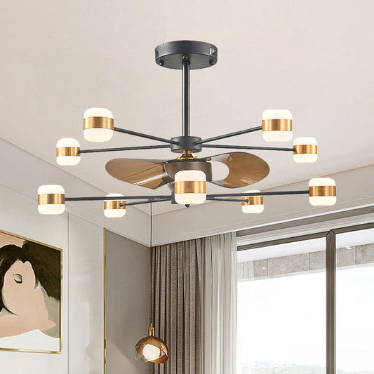 Gold 2-Layer Radial Semi Flush Lighting Modern 10 Bulbs Metallic Hanging Fan Light with 3 Brown Blades, 36.5" Wide Gold Clearhalo 'Ceiling Fans with Lights' 'Ceiling Fans' 'Modern Ceiling Fans' 'Modern' Lighting' 1273098