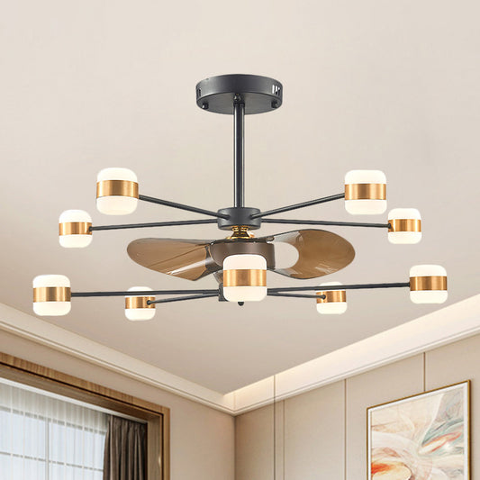 Gold 2-Layer Radial Semi Flush Lighting Modern 10 Bulbs Metallic Hanging Fan Light with 3 Brown Blades, 36.5" Wide Clearhalo 'Ceiling Fans with Lights' 'Ceiling Fans' 'Modern Ceiling Fans' 'Modern' Lighting' 1273099