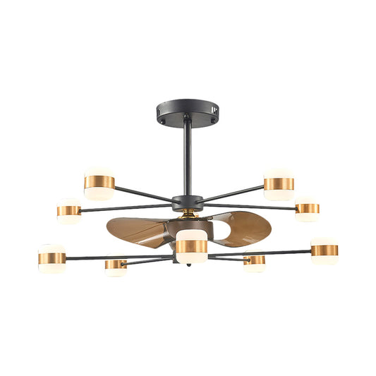 Gold 2-Layer Radial Semi Flush Lighting Modern 10 Bulbs Metallic Hanging Fan Light with 3 Brown Blades, 36.5" Wide Clearhalo 'Ceiling Fans with Lights' 'Ceiling Fans' 'Modern Ceiling Fans' 'Modern' Lighting' 1273100