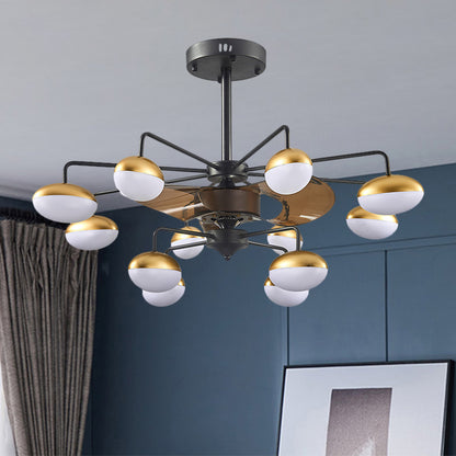 Black Egg-Shape Hanging Fan Lamp Modernist 12 Heads Acrylic Semi Mount Lighting with 3 Brown Blades, 37.5" W Gold Clearhalo 'Ceiling Fans with Lights' 'Ceiling Fans' 'Modern Ceiling Fans' 'Modern' Lighting' 1273109