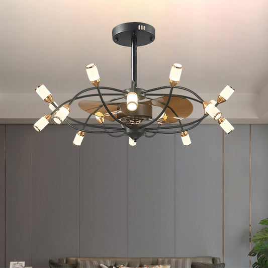 Curved Arm Metallic Semi Flush Mount Contemporary 16-Head 35.5" Wide Black Fan Light with 3 Brown Blades Clearhalo 'Ceiling Fans with Lights' 'Ceiling Fans' 'Modern Ceiling Fans' 'Modern' Lighting' 1273113