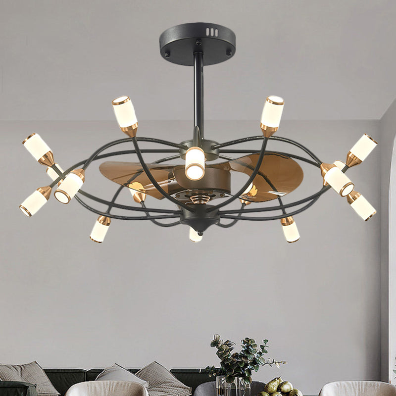Curved Arm Metallic Semi Flush Mount Contemporary 16-Head 35.5" Wide Black Fan Light with 3 Brown Blades Black Clearhalo 'Ceiling Fans with Lights' 'Ceiling Fans' 'Modern Ceiling Fans' 'Modern' Lighting' 1273114