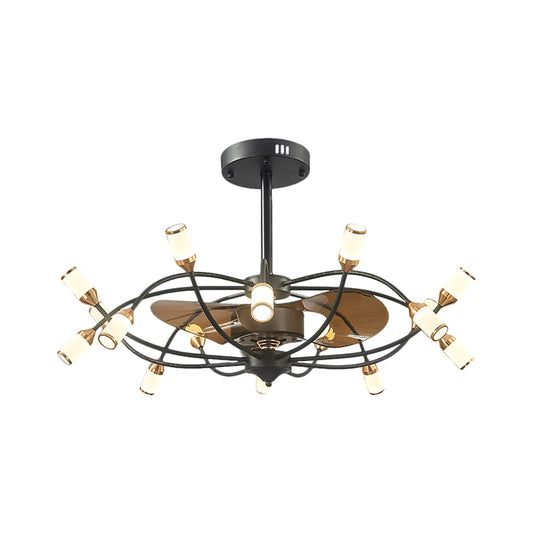Curved Arm Metallic Semi Flush Mount Contemporary 16-Head 35.5" Wide Black Fan Light with 3 Brown Blades Clearhalo 'Ceiling Fans with Lights' 'Ceiling Fans' 'Modern Ceiling Fans' 'Modern' Lighting' 1273115