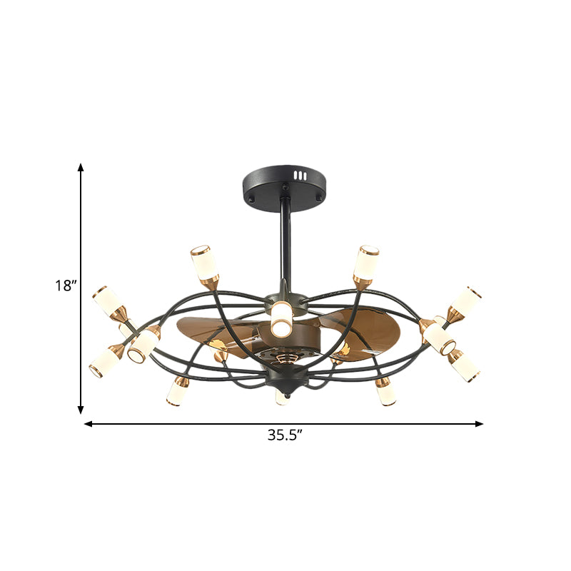 Curved Arm Metallic Semi Flush Mount Contemporary 16-Head 35.5" Wide Black Fan Light with 3 Brown Blades Clearhalo 'Ceiling Fans with Lights' 'Ceiling Fans' 'Modern Ceiling Fans' 'Modern' Lighting' 1273116