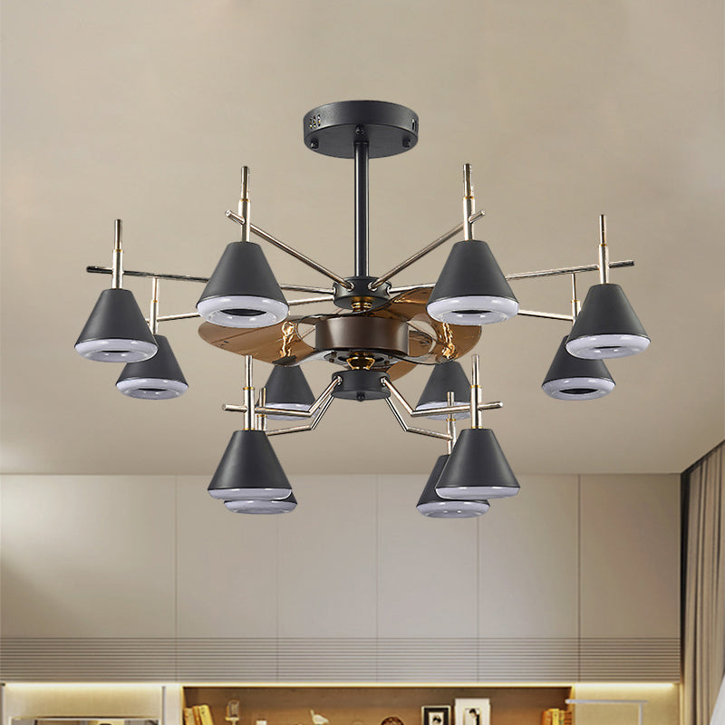 25.5" Wide Cone Semi Flush Mount Light Modernist Metallic 12-Light Black 3-Blade Pendant Fan Lamp Clearhalo 'Ceiling Fans with Lights' 'Ceiling Fans' 'Modern Ceiling Fans' 'Modern' Lighting' 1273123