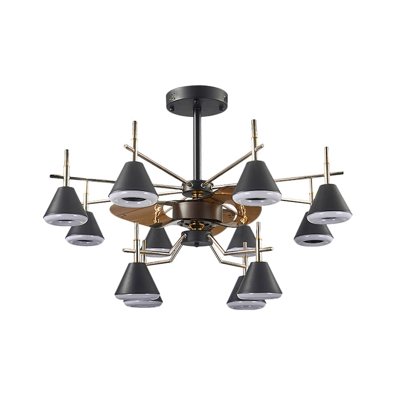 25.5" Wide Cone Semi Flush Mount Light Modernist Metallic 12-Light Black 3-Blade Pendant Fan Lamp Clearhalo 'Ceiling Fans with Lights' 'Ceiling Fans' 'Modern Ceiling Fans' 'Modern' Lighting' 1273125