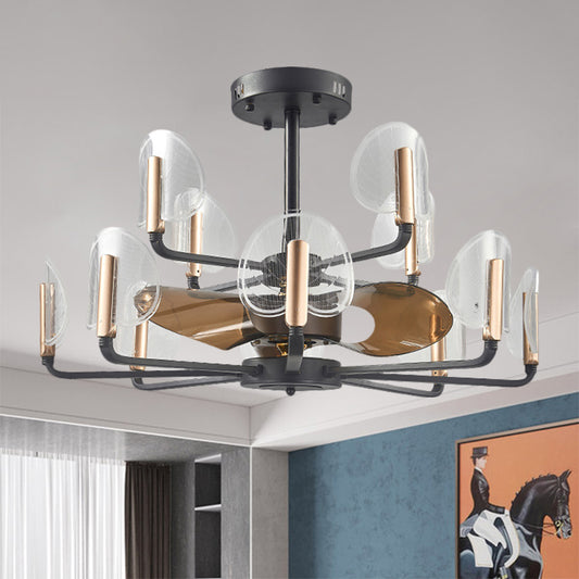 Acrylic Cattail Leaf Shape Fan Light Modern 31.5" Width 12 Heads Black Radial Semi Flush Mounted Lamp with 3 Brown Blades Clearhalo 'Ceiling Fans with Lights' 'Ceiling Fans' 'Modern Ceiling Fans' 'Modern' Lighting' 1273133