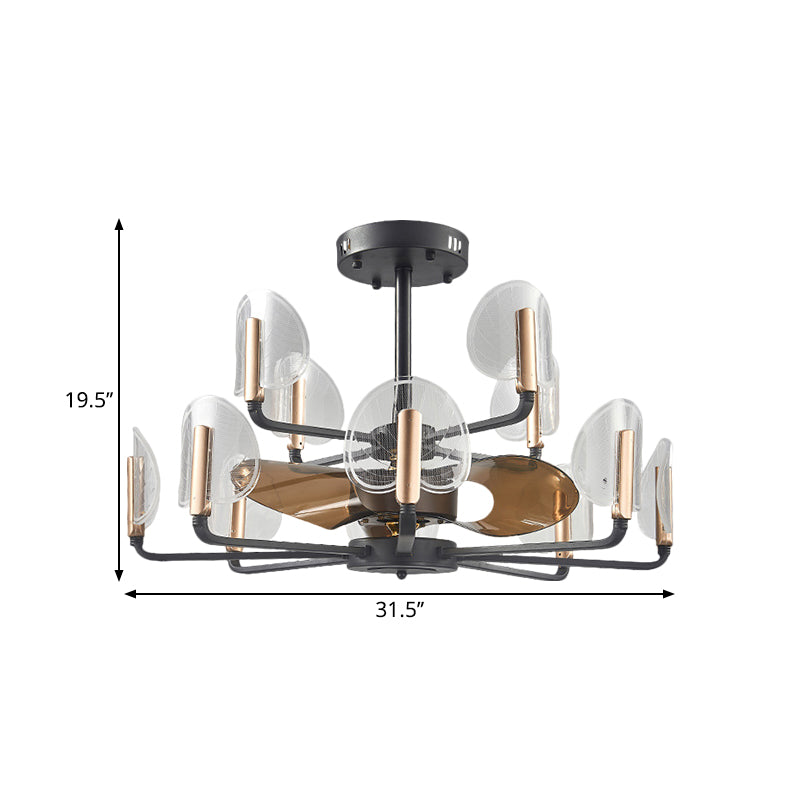 Acrylic Cattail Leaf Shape Fan Light Modern 31.5" Width 12 Heads Black Radial Semi Flush Mounted Lamp with 3 Brown Blades Clearhalo 'Ceiling Fans with Lights' 'Ceiling Fans' 'Modern Ceiling Fans' 'Modern' Lighting' 1273136