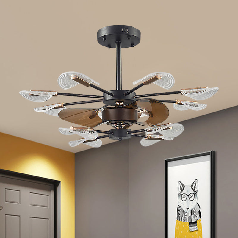 Modern Cattail Leaf Semi Flush Lighting Acrylic 10 Lights Bedroom 3-Blade Fan Lamp Fixture in Black, 35.5" Wide Clearhalo 'Ceiling Fans with Lights' 'Ceiling Fans' 'Modern Ceiling Fans' 'Modern' Lighting' 1273138