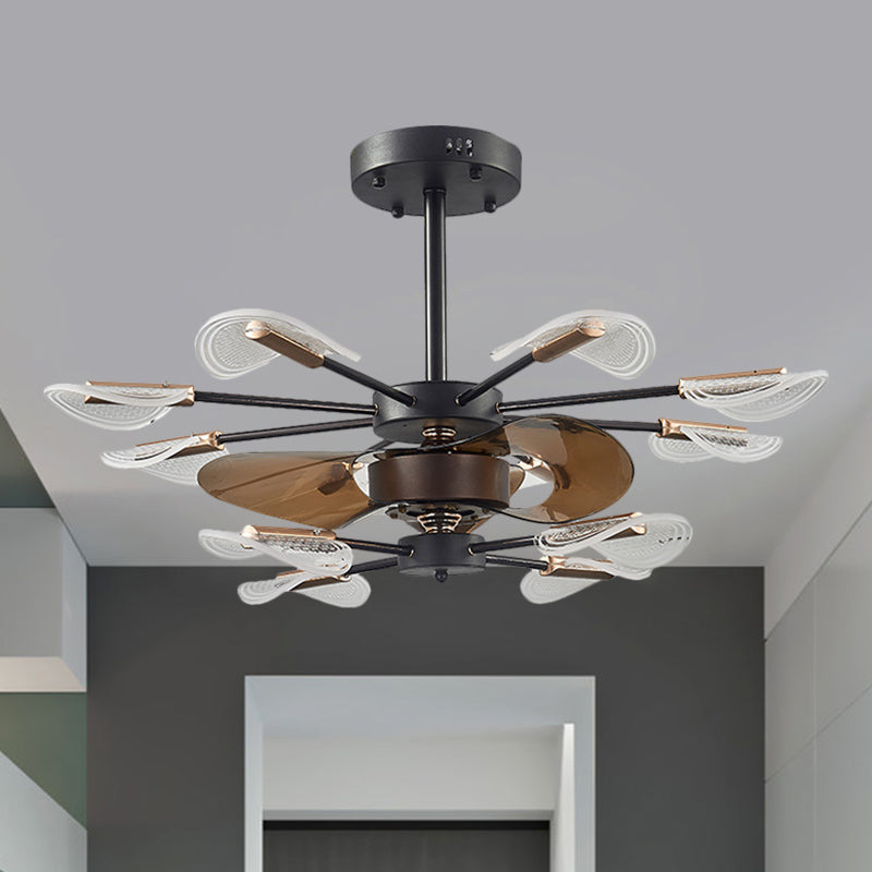 Modern Cattail Leaf Semi Flush Lighting Acrylic 10 Lights Bedroom 3-Blade Fan Lamp Fixture in Black, 35.5" Wide Black Clearhalo 'Ceiling Fans with Lights' 'Ceiling Fans' 'Modern Ceiling Fans' 'Modern' Lighting' 1273139