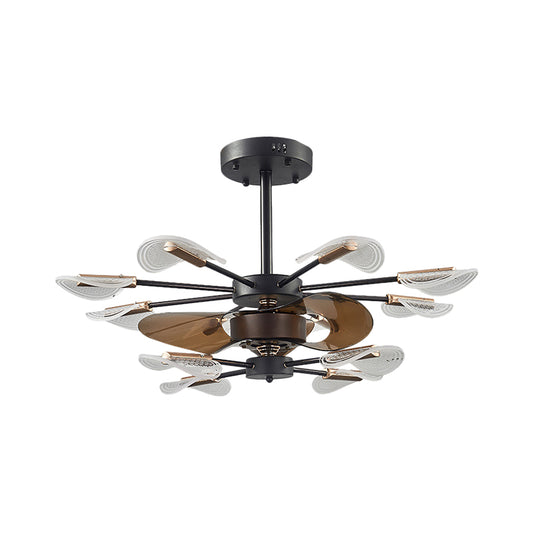 Modern Cattail Leaf Semi Flush Lighting Acrylic 10 Lights Bedroom 3-Blade Fan Lamp Fixture in Black, 35.5" Wide Clearhalo 'Ceiling Fans with Lights' 'Ceiling Fans' 'Modern Ceiling Fans' 'Modern' Lighting' 1273140