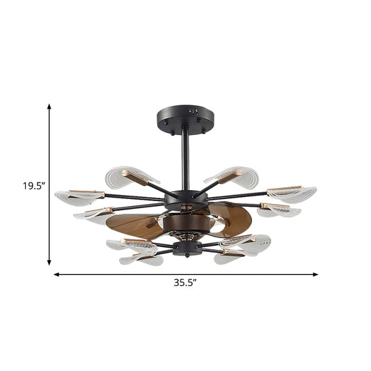 Modern Cattail Leaf Semi Flush Lighting Acrylic 10 Lights Bedroom 3-Blade Fan Lamp Fixture in Black, 35.5" Wide Clearhalo 'Ceiling Fans with Lights' 'Ceiling Fans' 'Modern Ceiling Fans' 'Modern' Lighting' 1273141