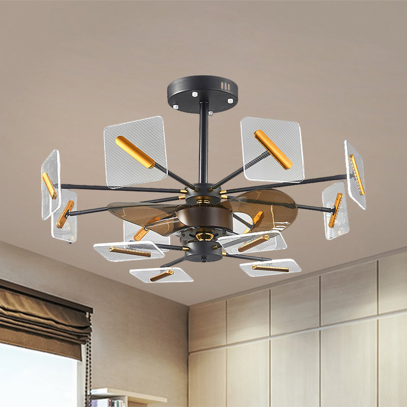 Squared Panel Pendant Fan Light Modernist Acrylic 12 Bulbs Black and Gold Semi Flush Lamp with 3 Brown Blades, 34" W Black-Gold Clearhalo 'Ceiling Fans with Lights' 'Ceiling Fans' 'Modern Ceiling Fans' 'Modern' Lighting' 1273149