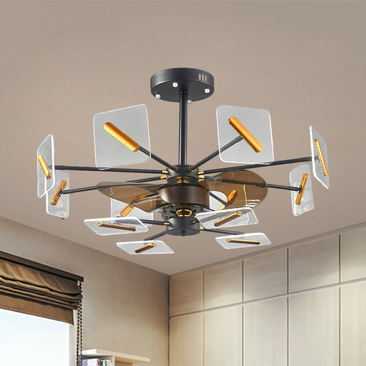 Squared Panel Pendant Fan Light Modernist Acrylic 12 Bulbs Black and Gold Semi Flush Lamp with 3 Brown Blades, 34" W Black-Gold Clearhalo 'Ceiling Fans with Lights' 'Ceiling Fans' 'Modern Ceiling Fans' 'Modern' Lighting' 1273149