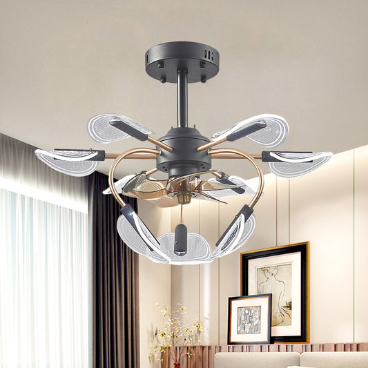 Black Cattail Leaf Fan Lamp Contemporary 9 Heads Acrylic 4-Blade Semi Flush Mount Light, 27.5" Wide Clearhalo 'Ceiling Fans with Lights' 'Ceiling Fans' 'Modern Ceiling Fans' 'Modern' Lighting' 1273153