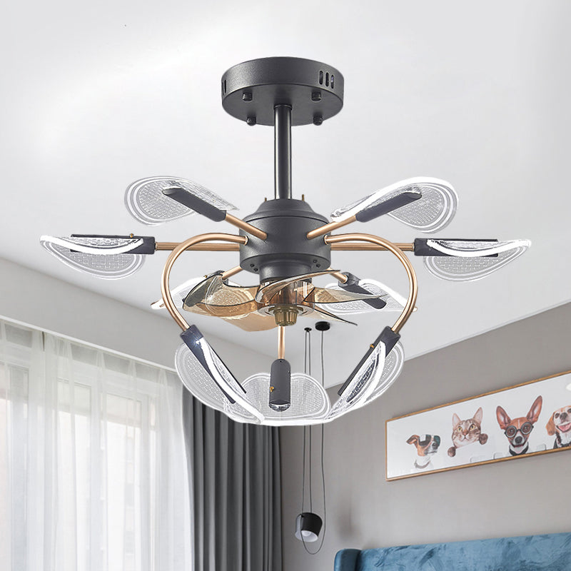 Black Cattail Leaf Fan Lamp Contemporary 9 Heads Acrylic 4-Blade Semi Flush Mount Light, 27.5" Wide Black Clearhalo 'Ceiling Fans with Lights' 'Ceiling Fans' 'Modern Ceiling Fans' 'Modern' Lighting' 1273154