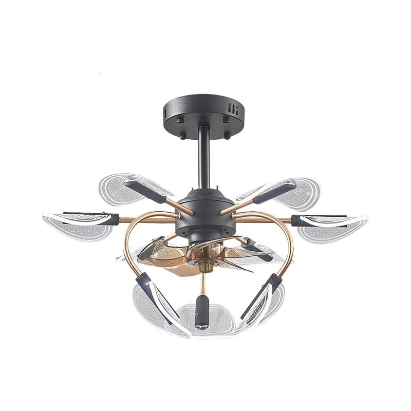Black Cattail Leaf Fan Lamp Contemporary 9 Heads Acrylic 4-Blade Semi Flush Mount Light, 27.5" Wide Clearhalo 'Ceiling Fans with Lights' 'Ceiling Fans' 'Modern Ceiling Fans' 'Modern' Lighting' 1273155